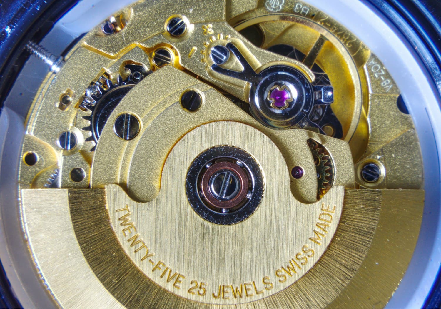 Macro of a jewelled watch movement