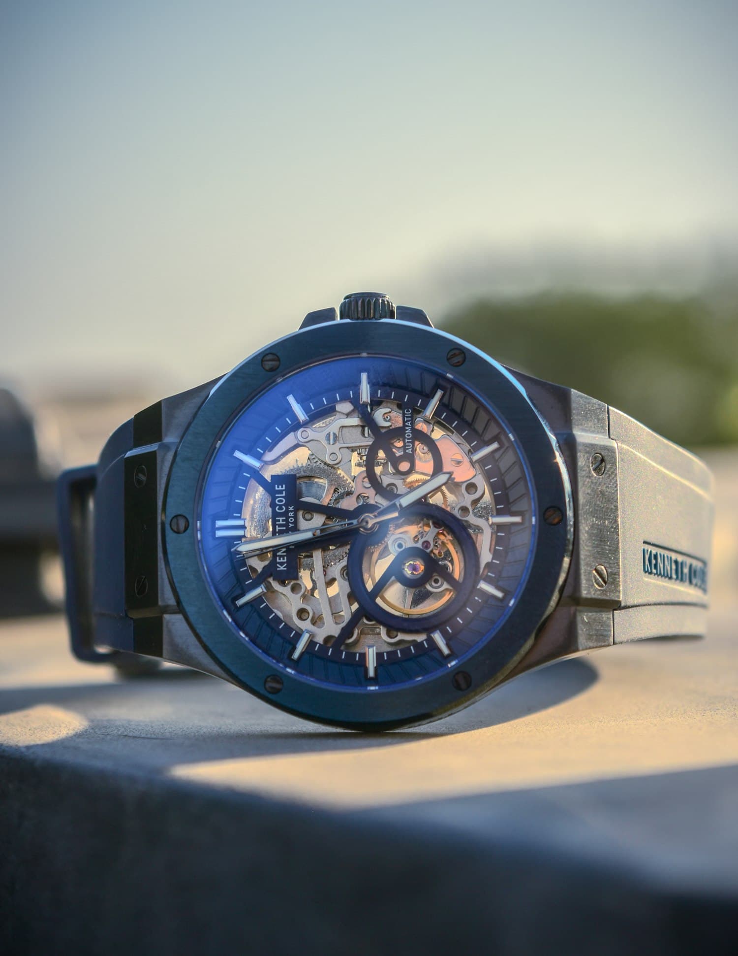 Skeleton watch with a blue-tinted openworked dial