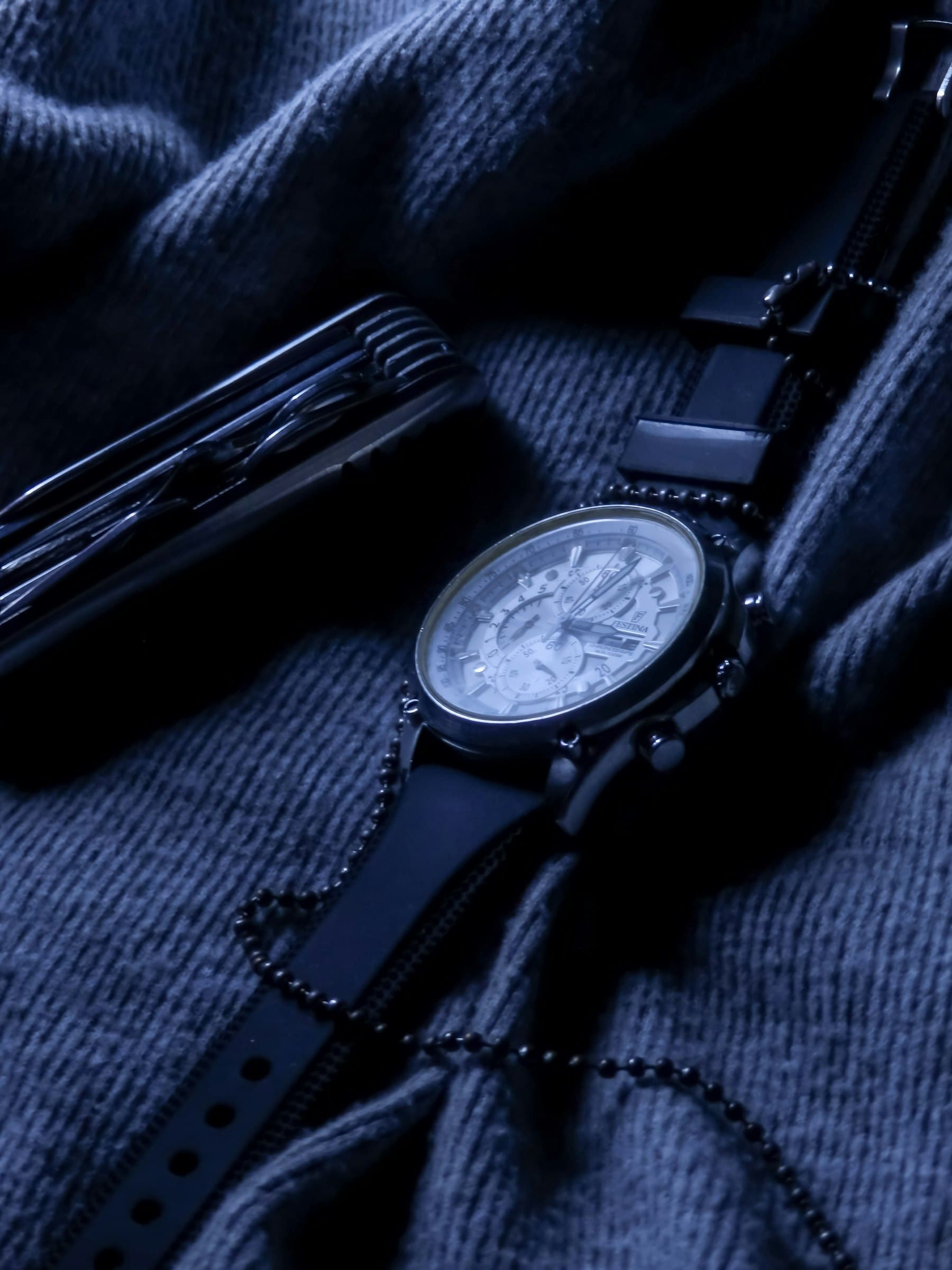 Chronograph watch with black leather strap