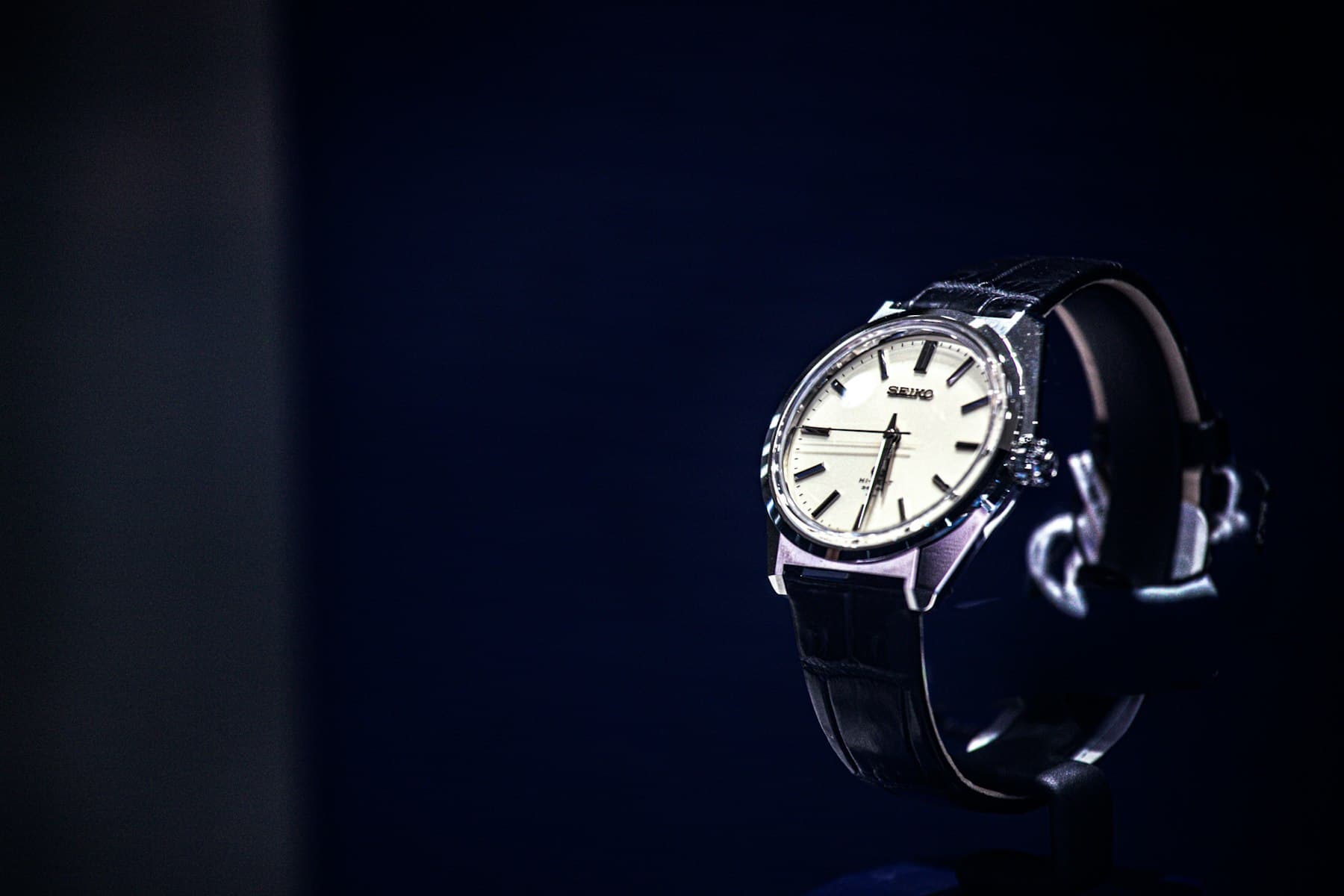 Steel dress watch resting in soft shadow