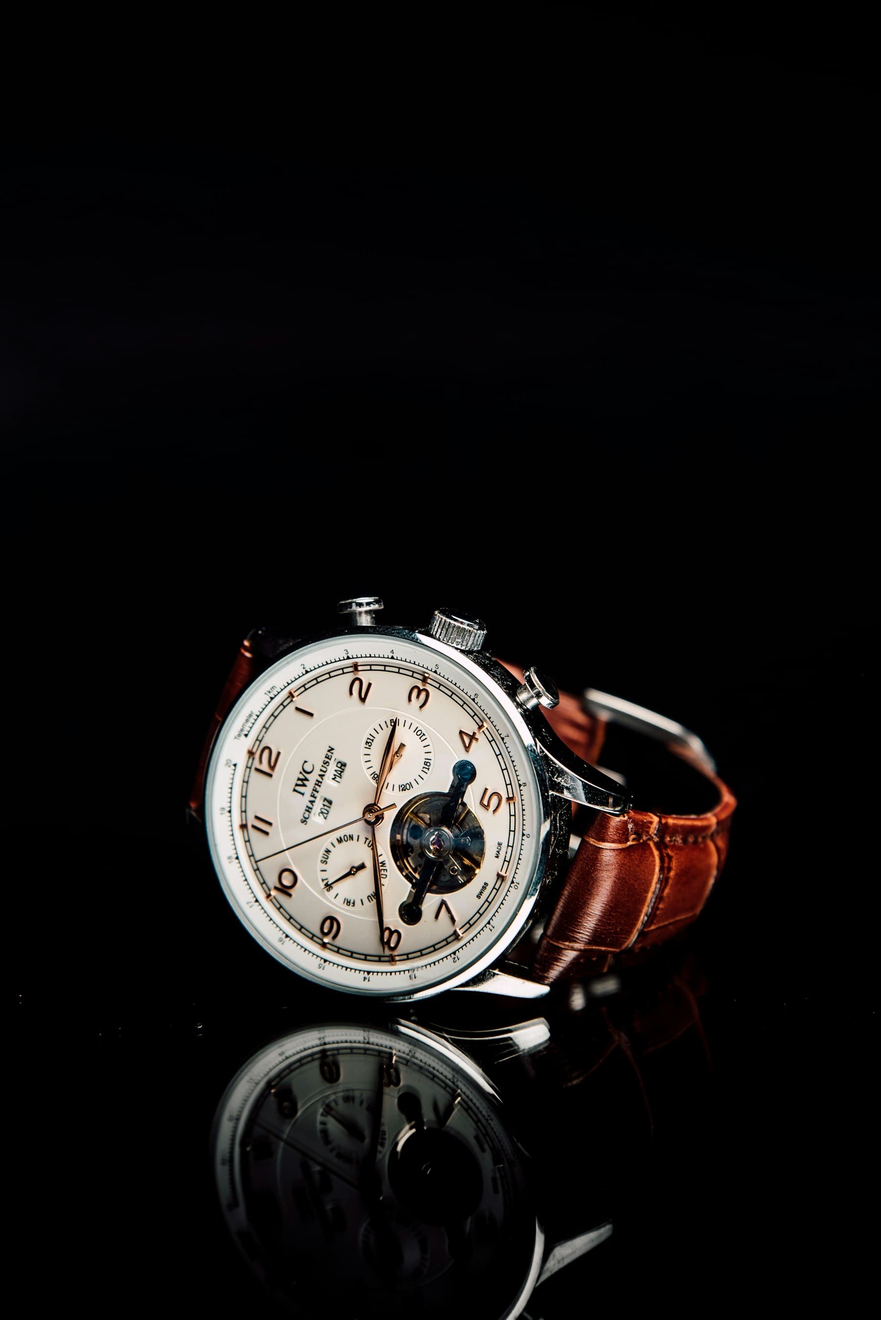 Aeon Meridian 38 dress watch photographed against a dark background